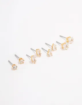 Graceful Embellishment Gold Plated Brass Cubic Zirconia Stud Earring 4-Pack