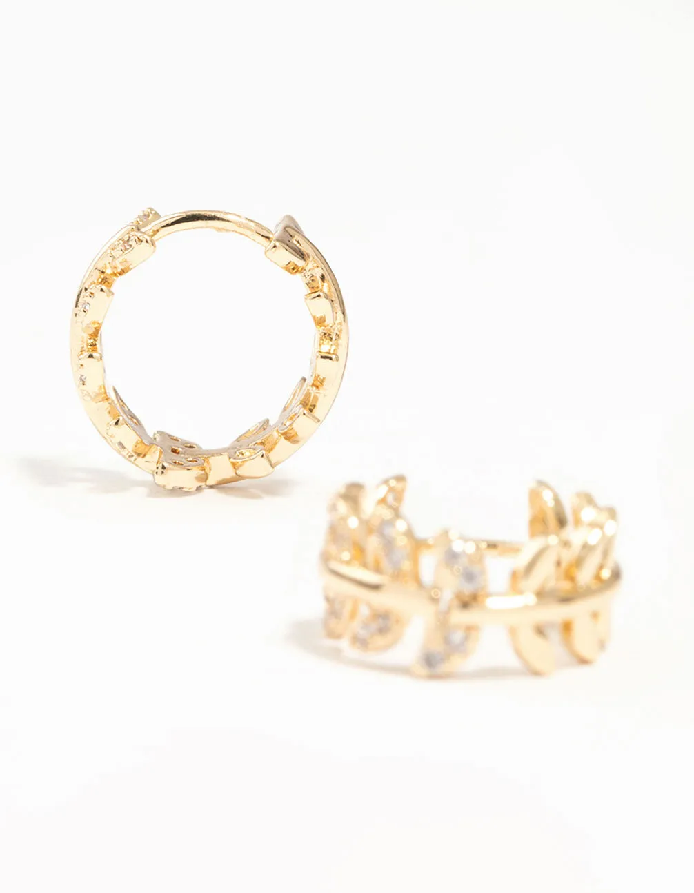 Safe Appearance Gold Cubic Zirconia Leafy Huggie Earrings