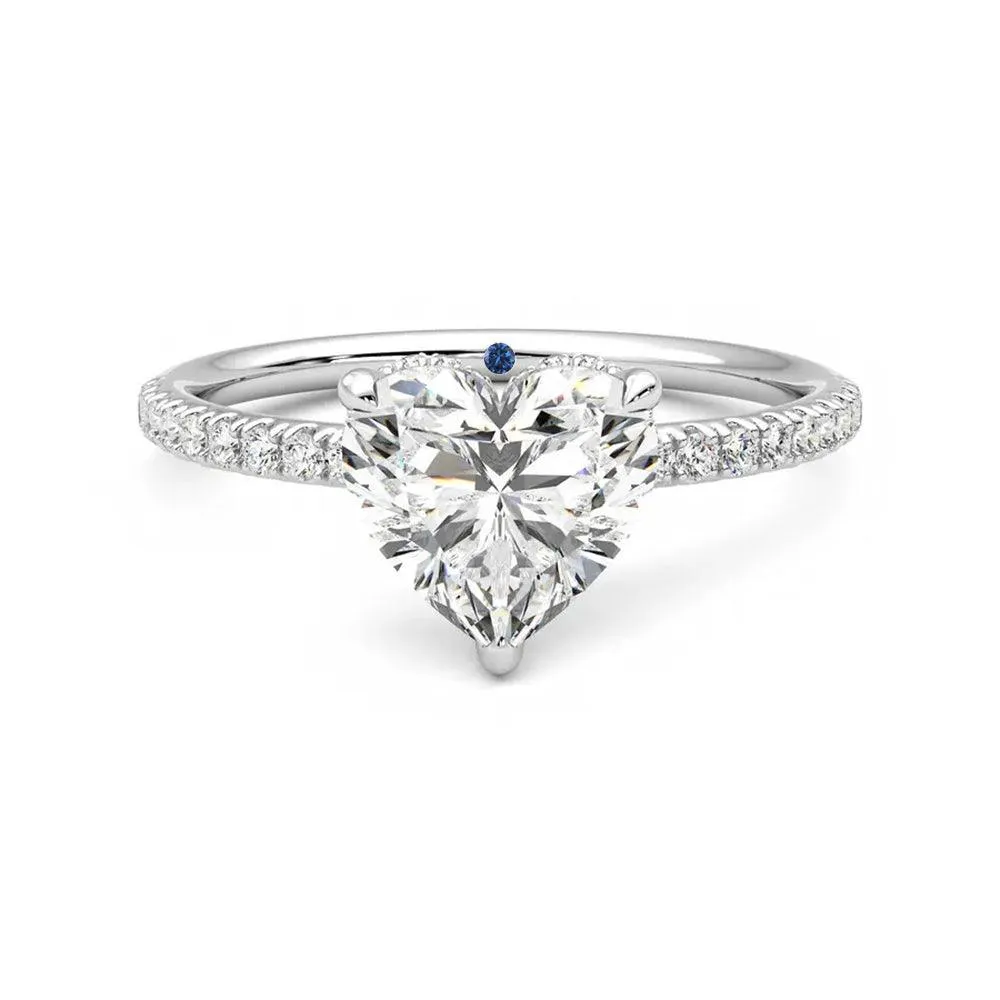 Artistic Look Heart Shaped Moissanite Engagement Ring with Hidden Halo and Anniversary Stone Accent