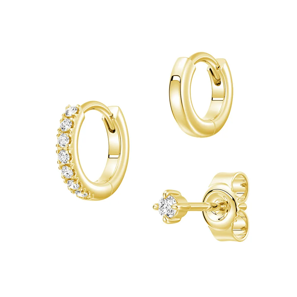 Fashionable Aesthetic Glossy Accessory Triple Stack Lab Diamond Stud and Hoop Earrings Set