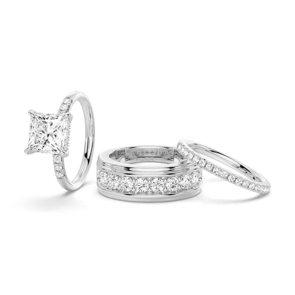 Princess Cut Hidden Halo Moissanite Couple's Ring Set with Men's Wedding Band Easy Use