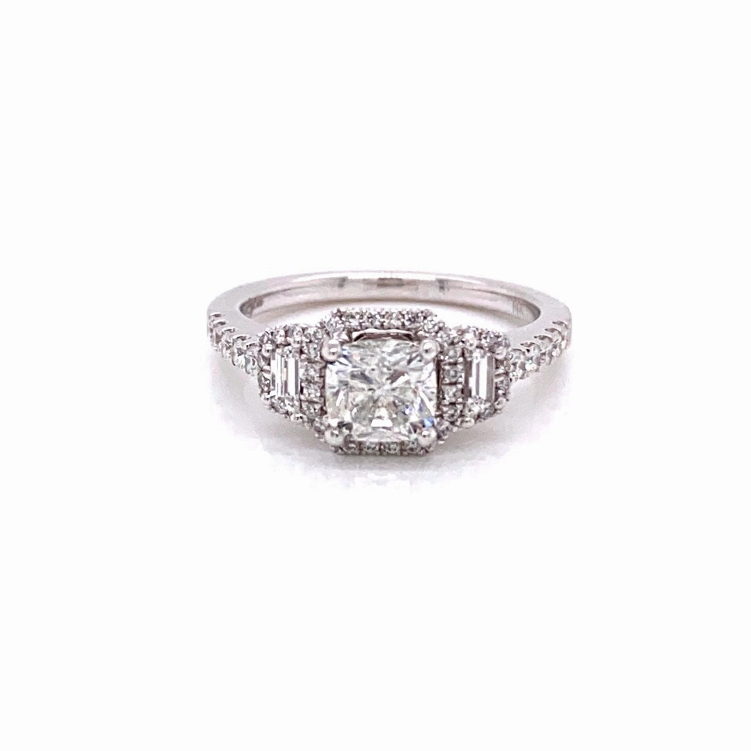 Minimal Glow Holiday Style CUSHION CUT DIAMOND RING WITH SIDE STONES AND HALO (1.48cttw)