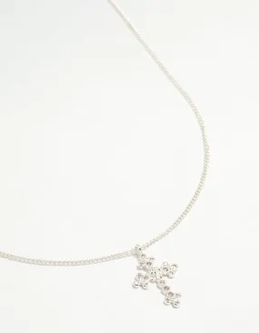 Silver Plated Diamante Rose Cross Pendant Necklace Handmade Style Lightweight Choice