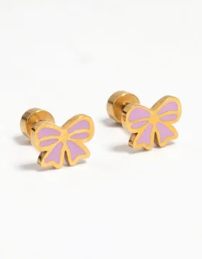 Kids Gold Plated Surgical Steel Bow Flat Back Earrings Round Accessory