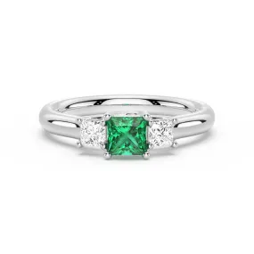 Lab Grown Emerald and Princess Cut Diamond Three Stone Ring Comfortable Object