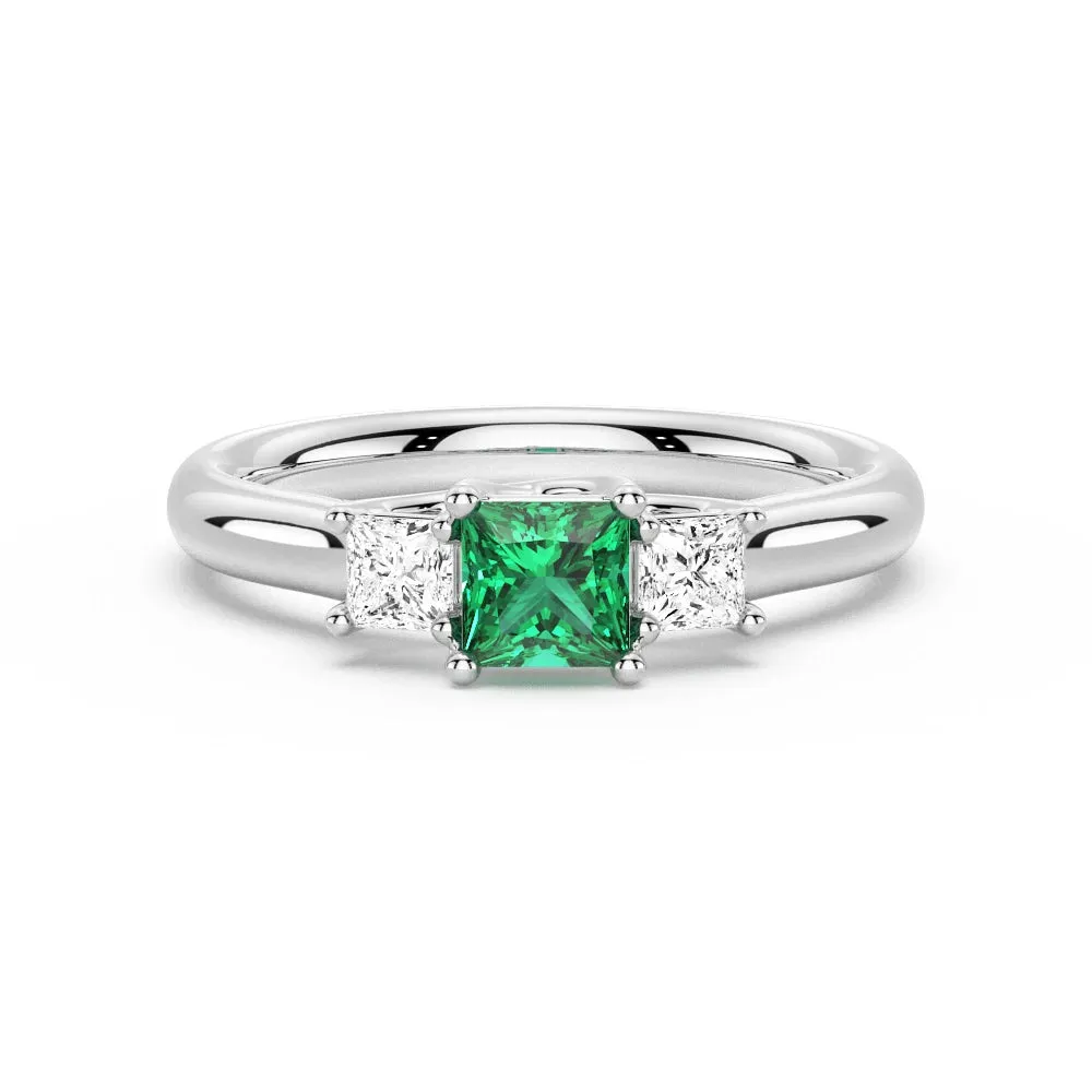Evolutionary Trend Luxury Geometry Lab Grown Emerald and Princess Cut Diamond Three Stone Ring