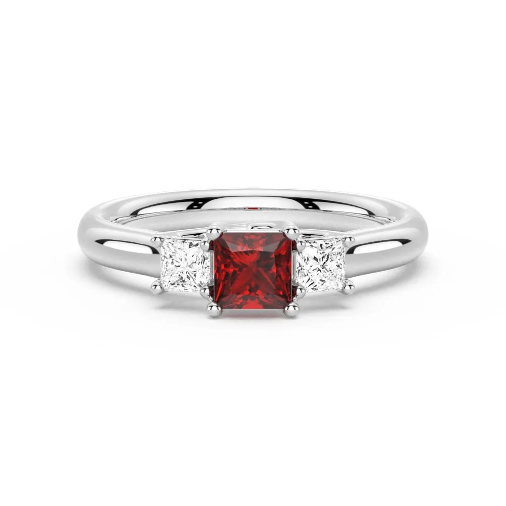 Lab Grown Ruby and Princess Cut Diamond Three Stone Ring Cosmopolitan Style HighEnd Token