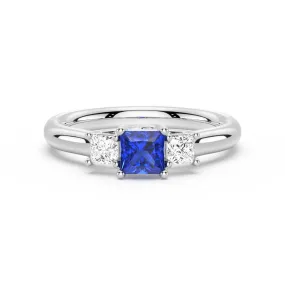 Artistic Creation Economical Art Lab Grown Sapphire and Princess Cut Diamond Three Stone Ring