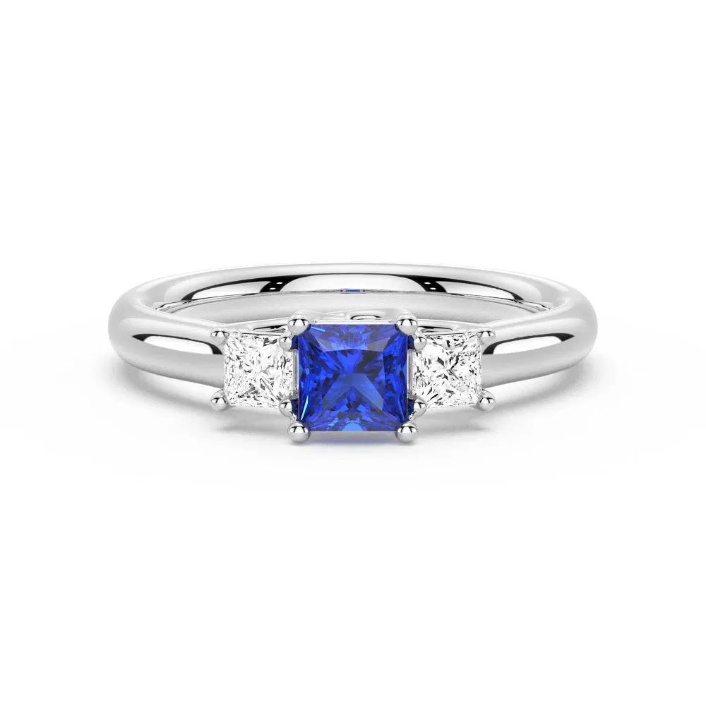 Lab Grown Sapphire and Princess Cut Diamond Three Stone Ring Elegant Keepsake