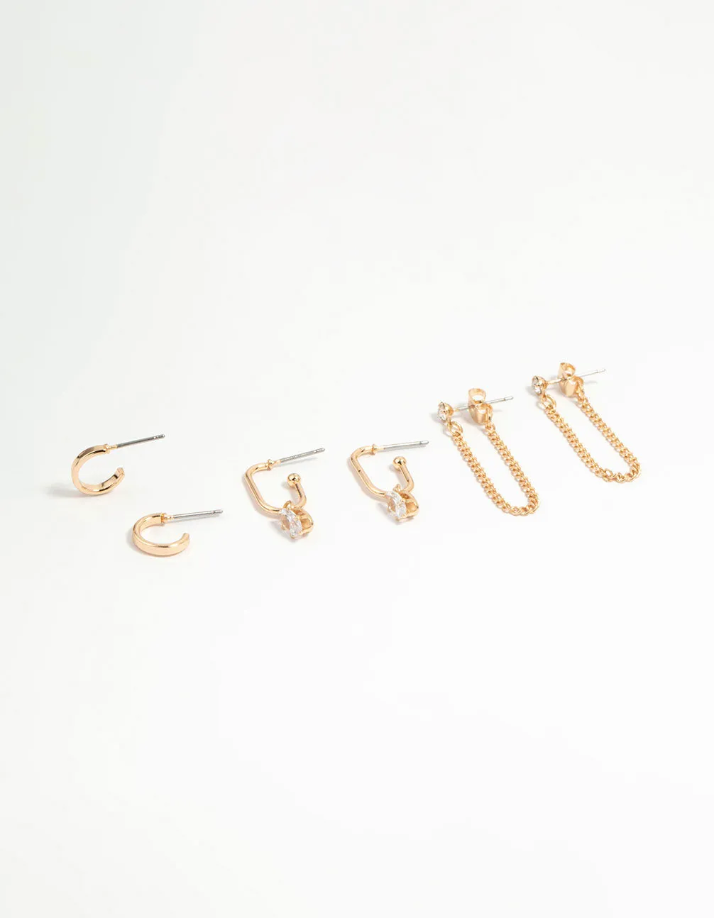 Gold Diamante Chain & Hoop Earrings 3-Pack Contemporary Vibe Creative Item