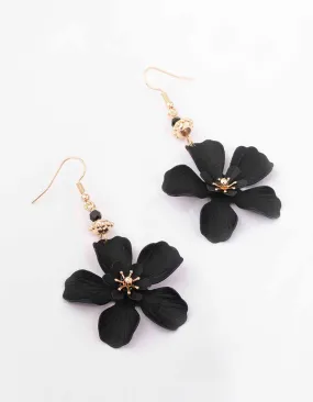 Black Bead Matte Flower Drop Earrings Miniature Trinket Secure Selection