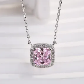 Louily 1.5 Carat Cushion Cut Pink Halo Pendant with Necklace In Sterling Silver Occasion Wear