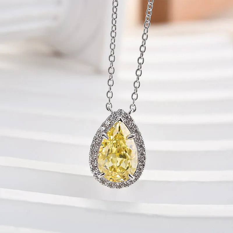 Modern Vibe Louily Exquisite Halo Pear Cut Yellow Sapphire Pendant with Necklace In Sterling Silver