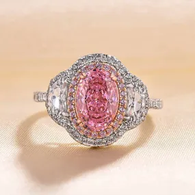 Louily Gorgeous Double Halo Oval Cut Pink Sapphire Three Stone Engagement Ring In Sterling Silver Glamour Effect Radiant Touch Pieces
