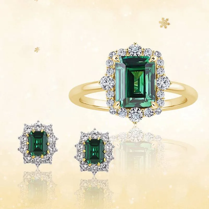 Chic Glimmer Flat Frame Louily Luxury Halo Emerald Cut Emerald Green 2PC Jewelry Set