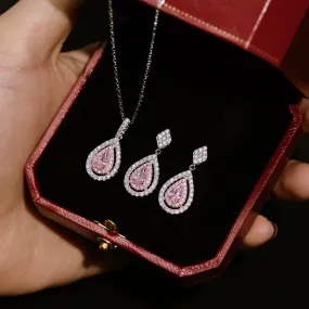 Louily Pink Stone Double Halo Pear Cut 2PC Jewelry Set Sophisticated Sparkle Brilliant Shine