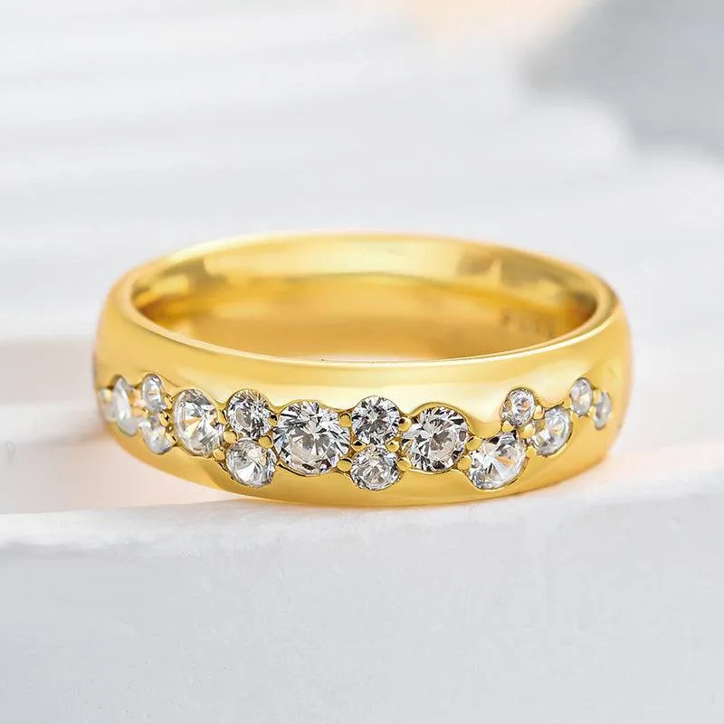 Louily Precious Yellow Gold Round Cut Wide Wedding Band Brilliant Sparkle