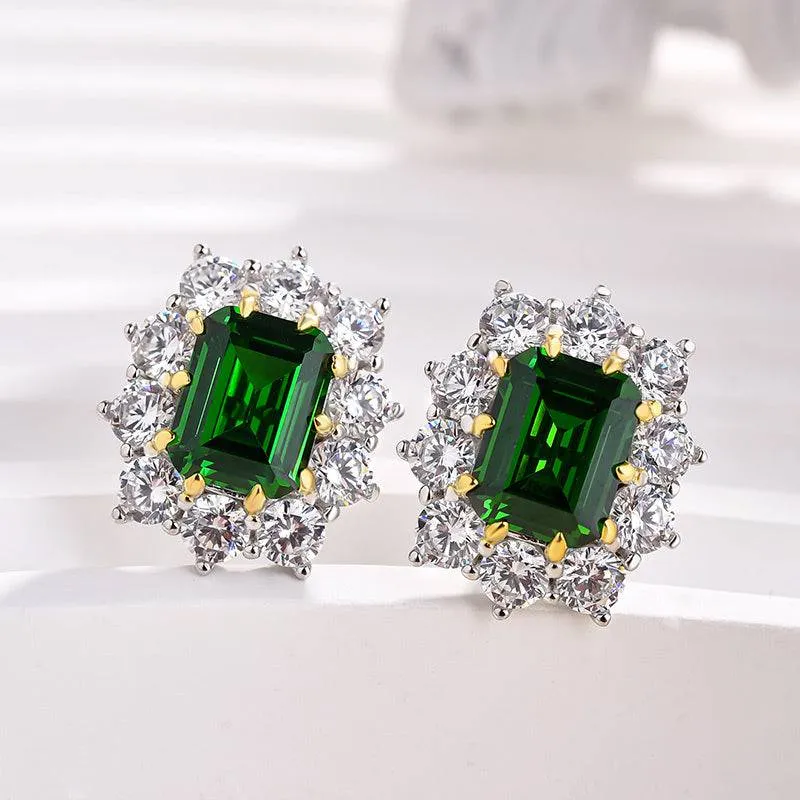Louily Vintage Flower Design Emerald Cut Emerald Green Earrings In Sterling Silver Understated Detail