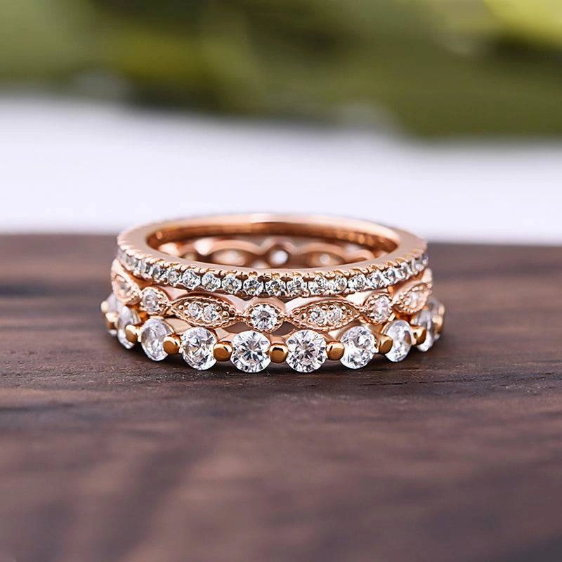 Ethereal Detail Layered Spark Louily Art Deco 3-Pieces Stackable Wedding Band Set In Sterling Silver