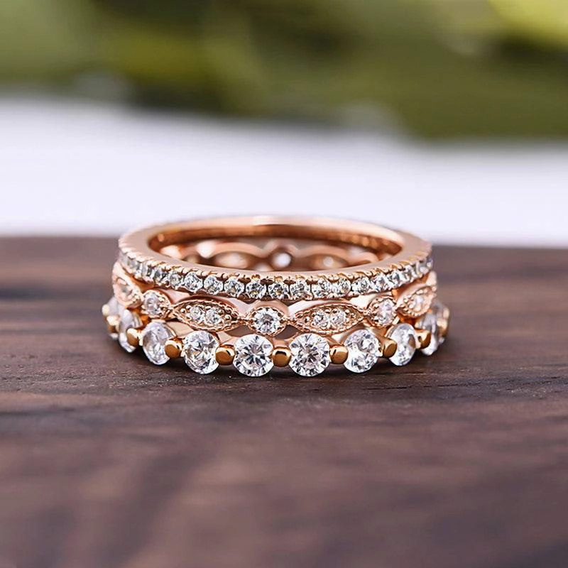 Sculpted Shape Louily Art Deco 3-Pieces Stackable Wedding Band Set In Sterling Silver