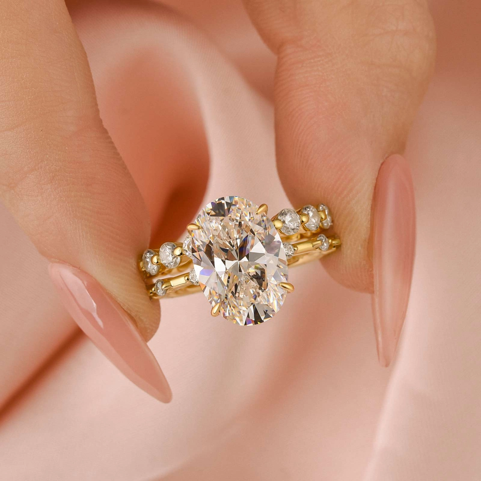 Louily Bright Yellow Gold Oval Cut Wedding Ring Set In Sterling Silver Sleek Detail Minimal Feature