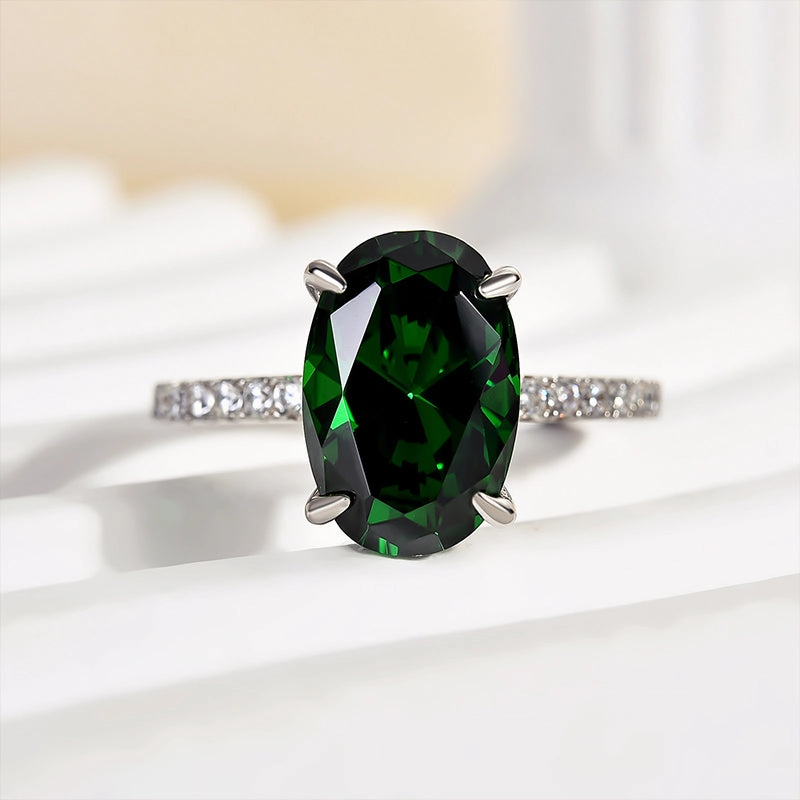 Louily Classic Oval Cut Emerald Green Simulated Diamond Engagement Ring In Sterling Silver Fall Vibes