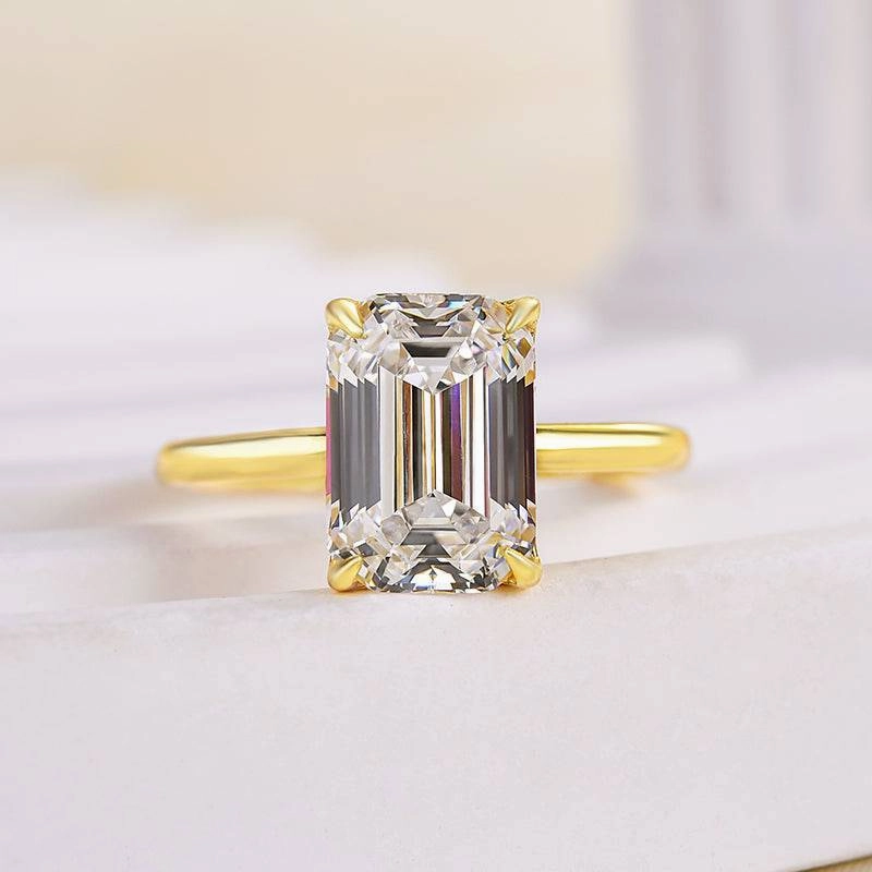 Louily Classic Yellow Gold Emerald Cut Solitaire Engagement Ring Distinct Highlight