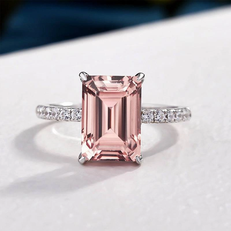 Silky Finish Luxury Highlight Louily Elegant Emerald Cut Morganite Pink Women's Engagement Ring In Sterling Silver