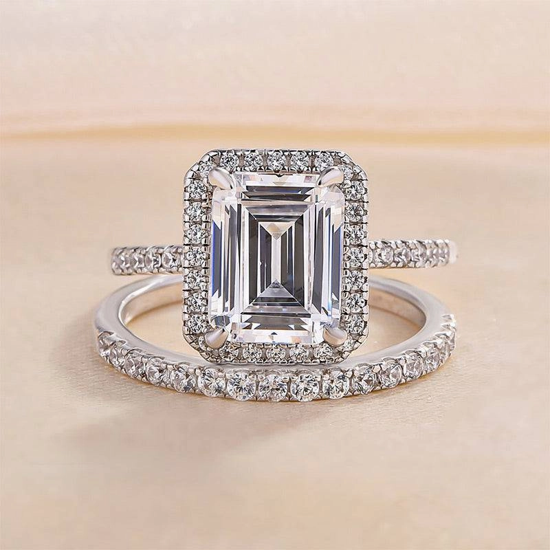 Louily Halo Emerald Cut Wedding Ring Set In Sterling Silver Quick Style