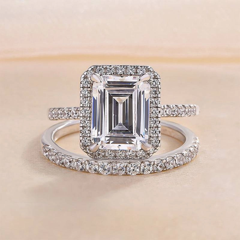 Louily Halo Emerald Cut Wedding Ring Set In Sterling Silver High-End Quality