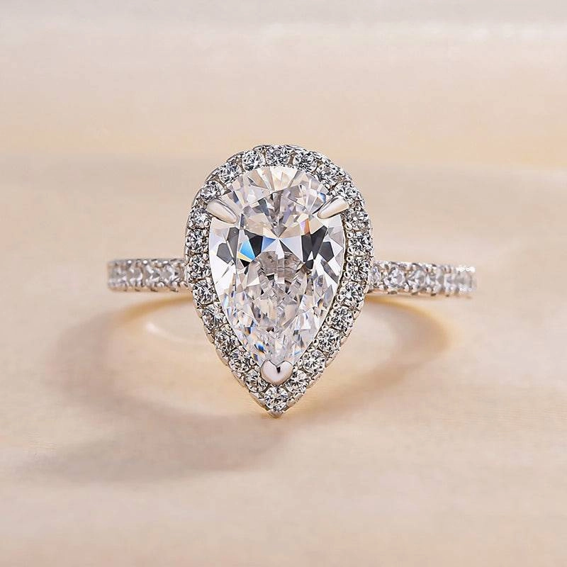 Louily Halo Pear Cut Engagement Ring In Sterling Silver Timeless Finish Layered Elegance