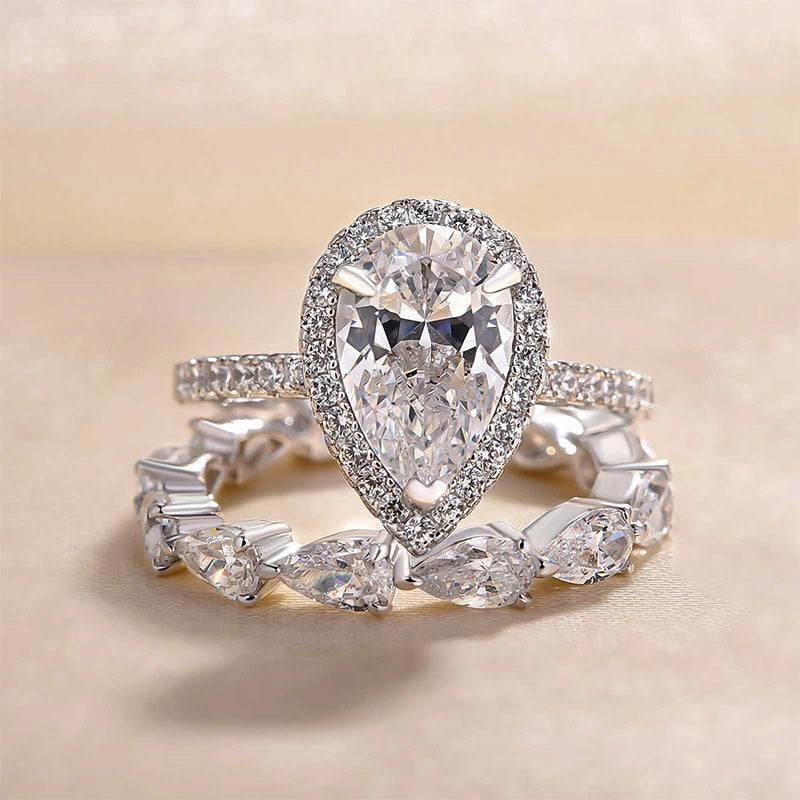 Vibrant Jewelry Look Dazzling Glow Louily Halo Pear Cut Wedding Ring Set In Sterling Silver