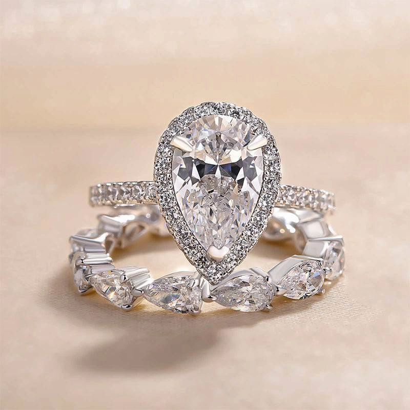 Urban Accent Mirror Selfie Louily Halo Pear Cut Wedding Ring Set In Sterling Silver