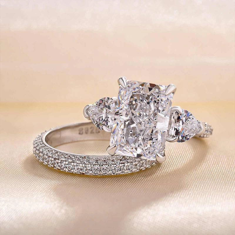 Louily Luxurious Radiant Cut & Heart Cut Three Stone Wedding Set In Sterling Silver Timeless Edge