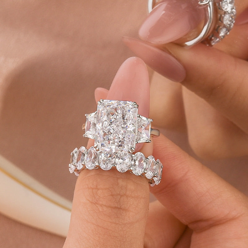 Louily Luxurious Three Stone Radiant Cut Wedding Set In Sterling Silver Chic Fashion