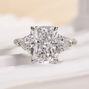 Impressive Finish Louily Radiant Cut Three Stone Engagement Ring With Two Heart Cut Side Stones
