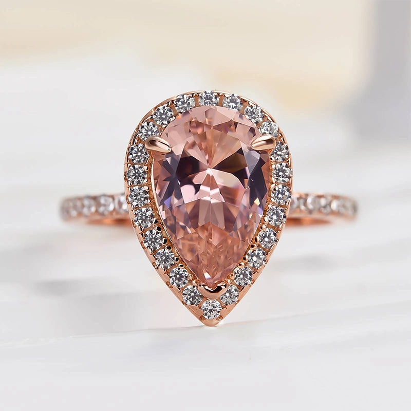 Louily Rose Gold Halo Pear Cut Synthetic Morganite Engagement Ring Luxury Element Bright Touch