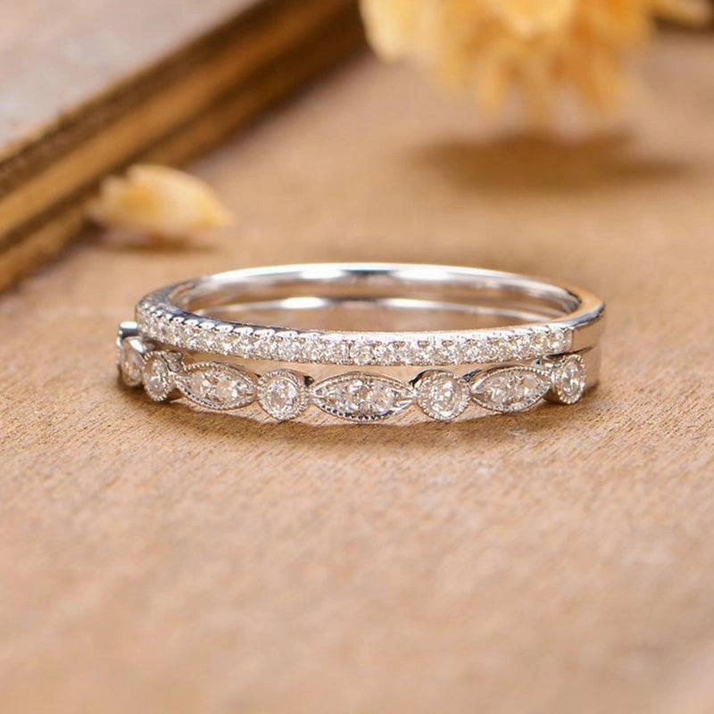 Minimalist Design Louily Stackable Art Deco Half Eternity Women's Wedding Band Set In Sterling Silver