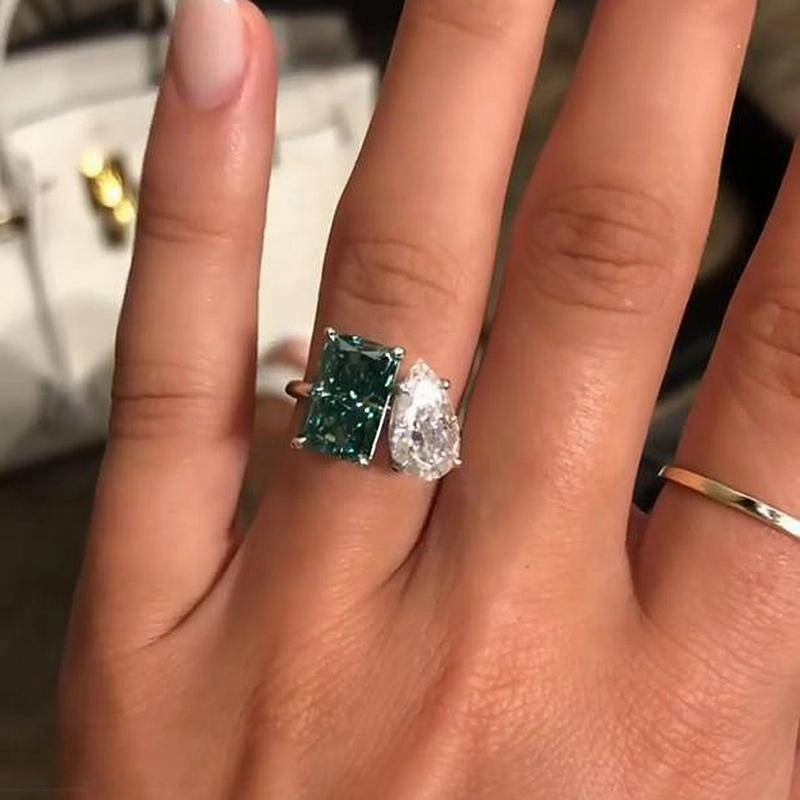 Premium Detail Louily Unique Double Stones Design Radiant & Pear Cut Engagement Ring In Sterling Silver