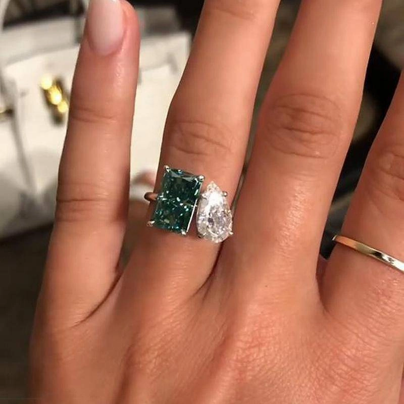 Charming Pieces Louily Unique Double Stones Design Radiant & Pear Cut Engagement Ring In Sterling Silver