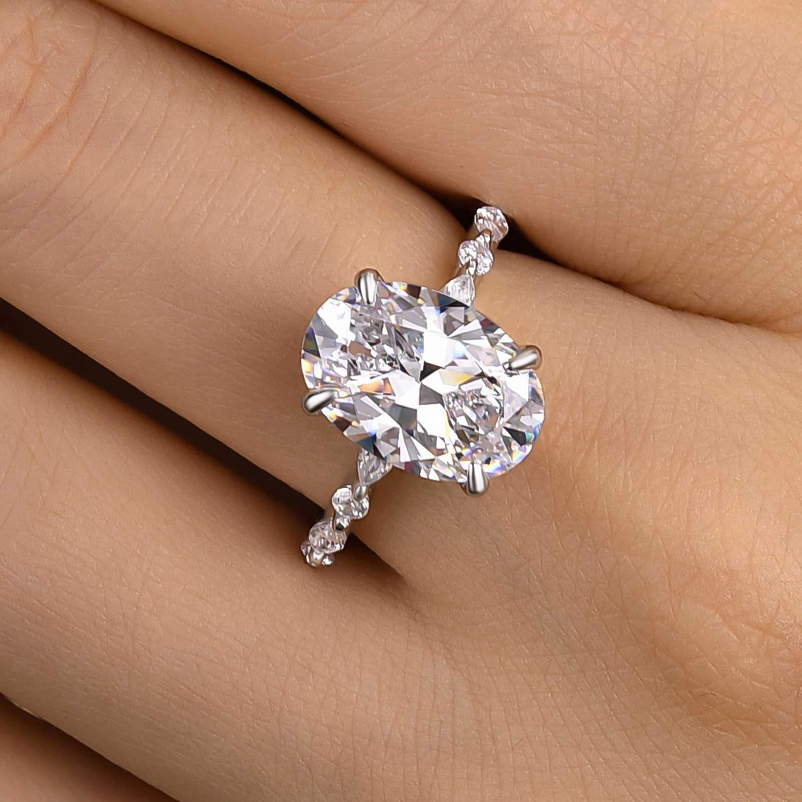 Louily Unique Oval Cut Engagement Ring In Sterling Silver Shiny Texture Photo Look