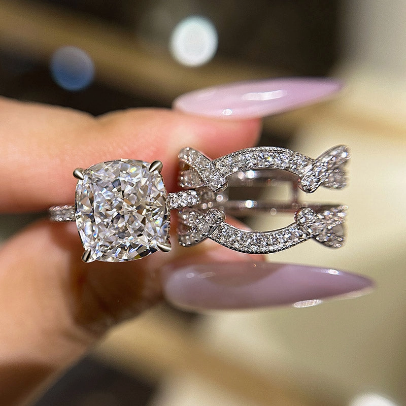 High Style Louily Vintage Cushion Cut Insert Wedding Ring Set For Women In Sterling Silver
