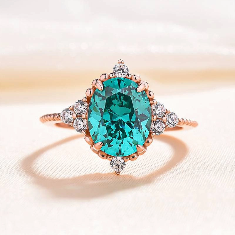 Handmade Design Bright Radiance Louily Vintage Rose Gold Oval Cut Paraiba Tourmaline Engagement Ring In Sterling Silver