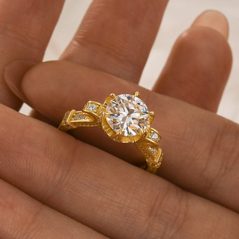 Unique Detail Louily Yellow Gold Moissanite 2.0 Carat Engagement Ring For Women