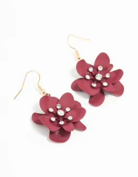 Gold Burgundy Flower Diamante Drop Earrings Charming Decoration Affordable Appearance