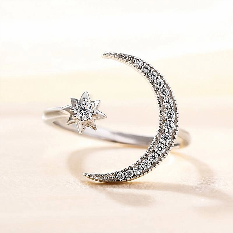 Glossy Vibe Shining Look Louily Crescent Moon & Star Adjustable Open Ring In Sterling Silver