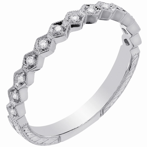Classic Vibe 14 Karat White Gold Engraved Diamond Stackable Ring