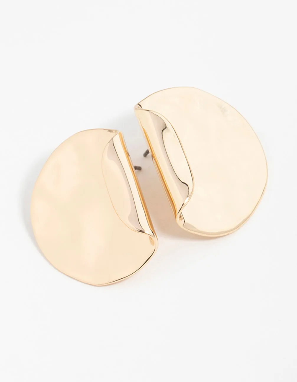 Gold Folded Molten Disc Stud Earrings Abstract Piece Spiral Adornment