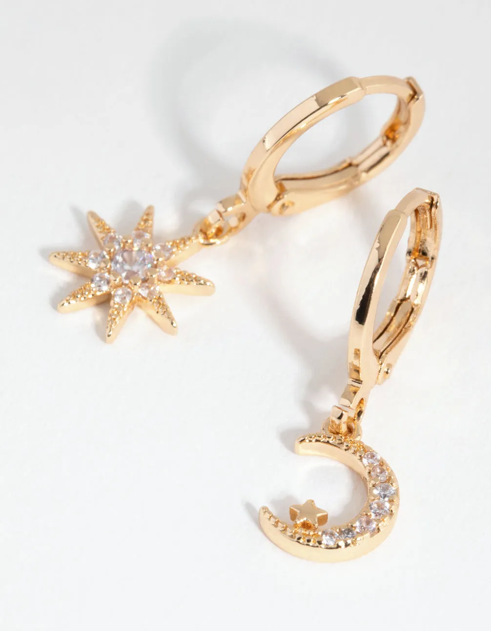 Gold Diamante Mismatched Celestial Huggie Earrings Minimalist Look