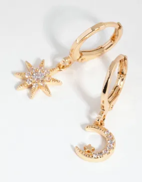 Gold Diamante Mismatched Celestial Huggie Earrings Minimalist Look